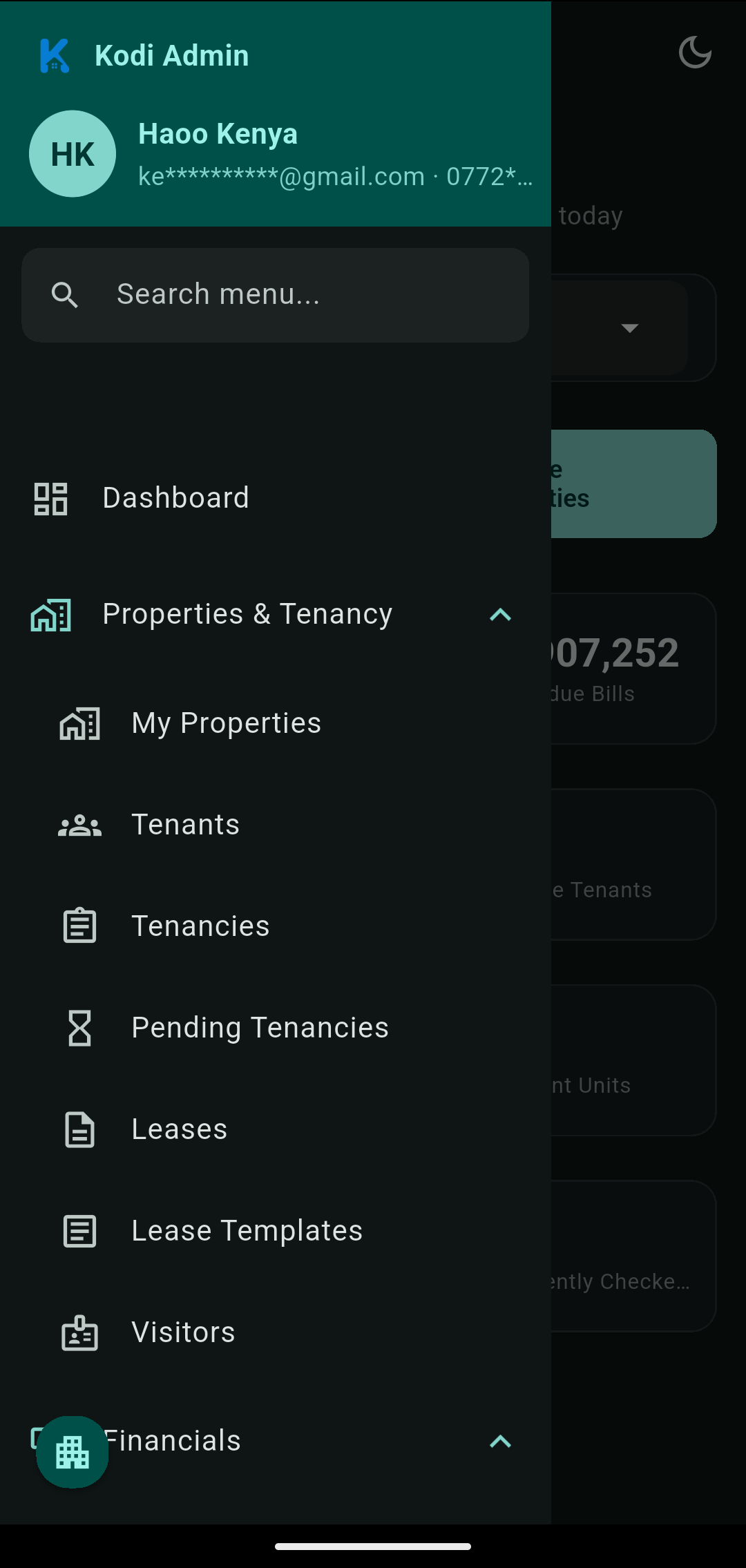 Kodi Admin sidebar navigation, expanded